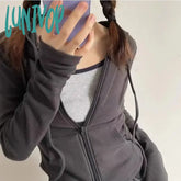 Lunivop Vintage Zip Up Cropped Hoodies Women Korean Style Streetwear Hooded Sweatshirts Kpop Solid